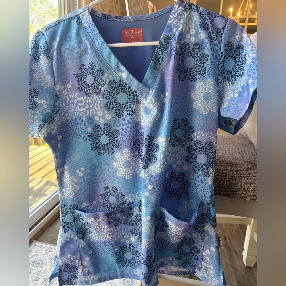 Blue Floral Scrub Top